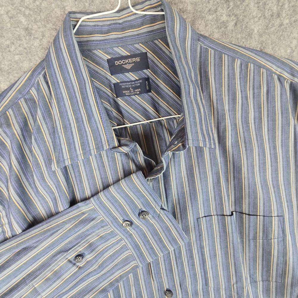Dockers Shirt Mens L Blue Striped Regular Fit Perspiration Guard Button Down